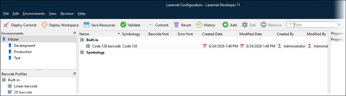 A Built-In barcode profile listed on the barcode profiles tab in Lasernet Developer.